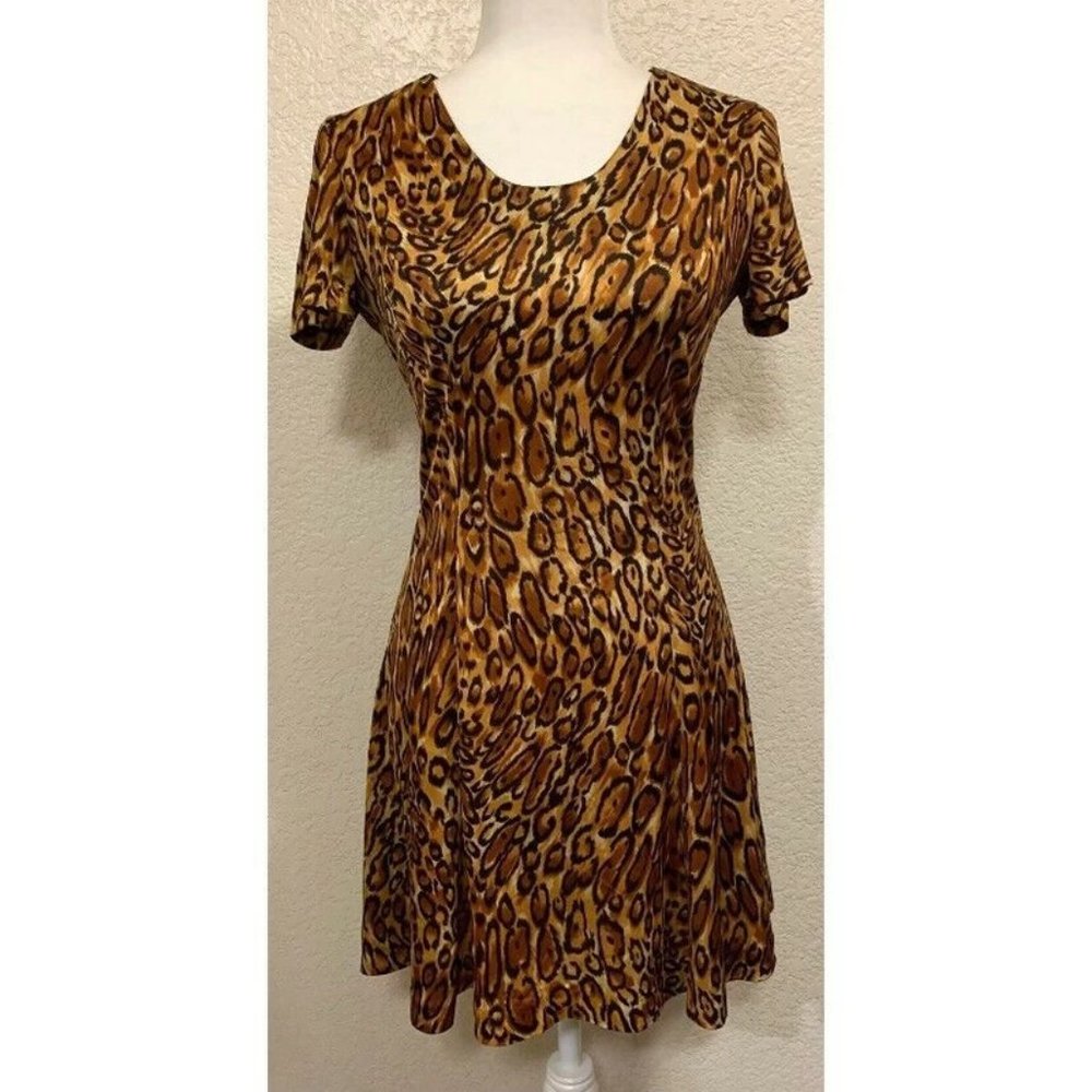 Sara's Las Vegas Vintage 80s Leopard Print Satin Swing Retro Dress